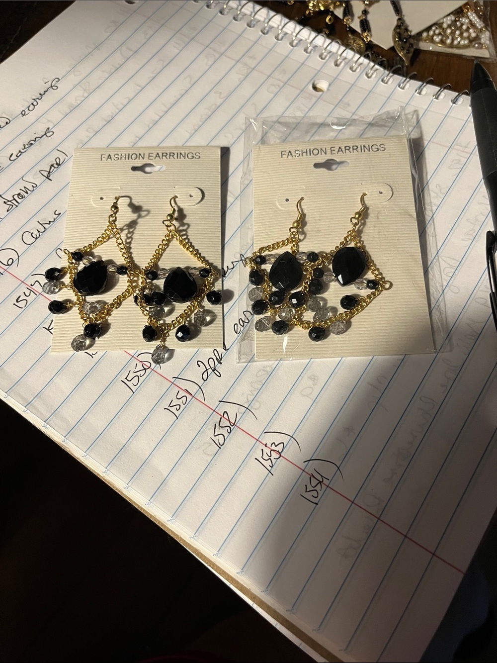 2 prs Gold Chain Black Gem Drop Earrings - Fashion Earrings 1551